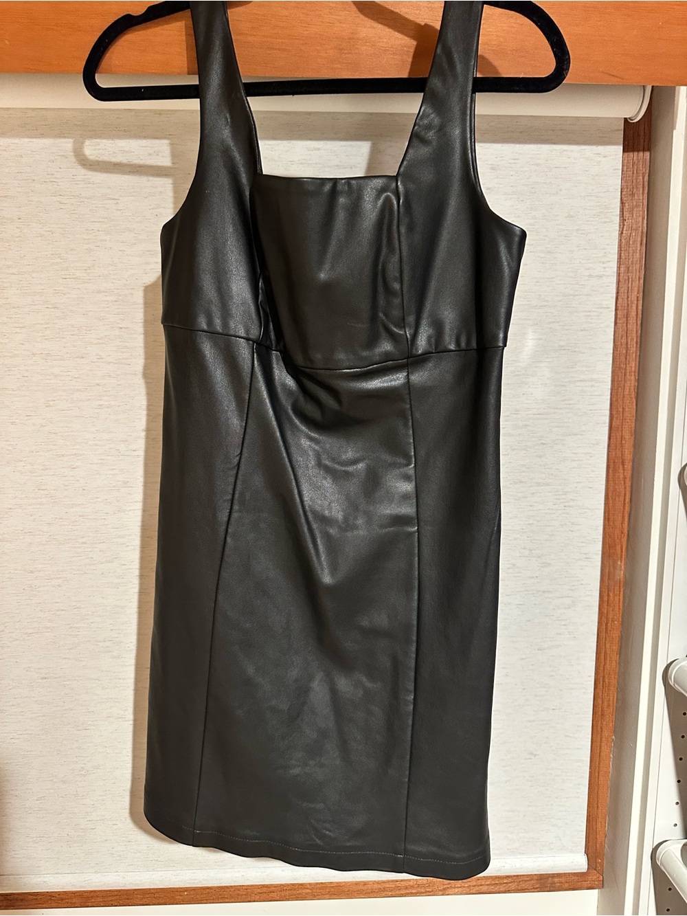Black Faux Leather Mini Dress with Square Neck